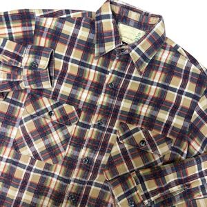 Vintage 70s Sears Fieldmaster Flannel Shirt Mens Medium Tall Plaid Blue Beige